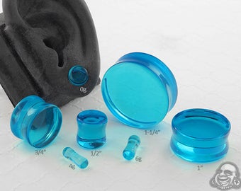 Double Flare Pacific Blue Glass Plugs 6g, 4g, 2g, 0g, 10mm, 7/16", 1/2" (12.5mm), 9/16", 5/8", 3/4", 7/8", 1"