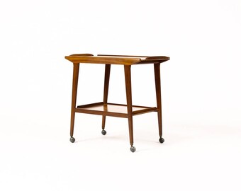 Danish Modern / Mid Century Teak + Mahogany Bar Cart / Tea Service — Round Casters