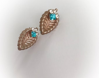 Vintage Leaf Earrings with White and Aqua Blue Rhinestones Screw Backs