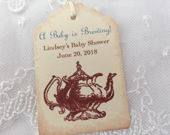 Boy Tea Party Baby Shower Tags Favor Tags Teapot Personalized Set of 10