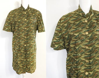 Vintage Green Waves Asian Top Blouse Smock
