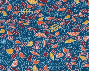 floral fabric 50cm your mustard, Orange 100% viscose blue duck