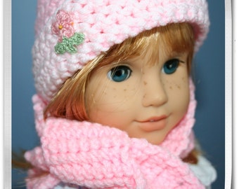 Crocheted pink hat and scarf.