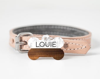Marble and Wood Dog Tag for Dogs, Double Sided Dog Tag, Custom Dog Tag, Aluminum Pet Id Tag, Wood Collar Tag for Dogs, Trendy Gift for Dogs