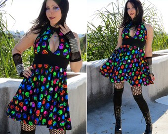 Alien Print Rave Dress, Black and Rainbow Aliens Halter Dress, Festival Dress, Rave Wear