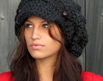 Slouchy Hat Winter Hat Womens Satin Lined Newsboy Hat Chunky Wool Cap Gifts for Her - Aliyah Cap Charcoal Gray or CHOOSE Your color