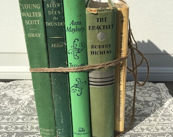 Vintage Decorative Books ~ Green Bundle ~Five Stacked Books ~ 1930 thru 1974 ~Old Books ~Rustic~ Country ~ Wedding Decor ~ Farmhouse