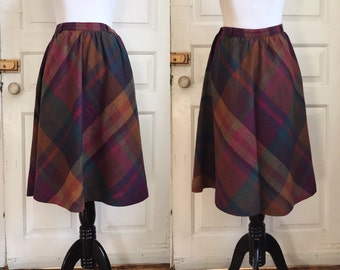 1970s / 70s Vintage Wool Plaid A-line Midi Skirt by Kay Warner Original • S