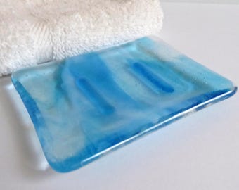 Streaky Turquoise, White and Clear Fused Glass Soap Dish by BPRDesigns