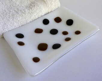Large Fused Glass Soap in White with Black and Brown Dots