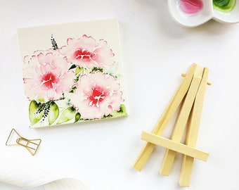 Mini Canvas Painting, Mother's Day Gift, Mini Canvas With Easel, Spring Floral Painting, Pink Carnations, Original Watercolor Painting