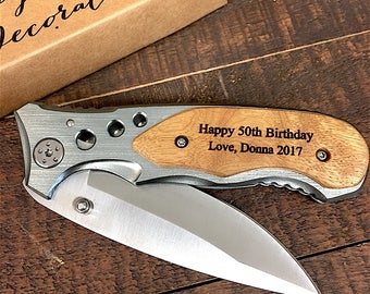 50th Birthday Gift For Men, Personalized Pocket Knife, Custom Engraved Wood Handle Folding Hunting Knife, Birthday Gift For Husband, Dad