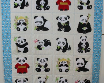 Machine Embroidered Baby Quilt, Baby Pandas, Crib Quilt, Baby Quilt, Handmade Baby Quilt - Pandas - approx 38" x 46"