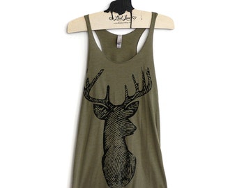 XL Tri-Blend Olive Racerback Tank with Deer Screen Print