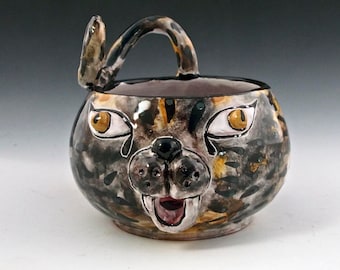 Ceramic Yarn Bowl, Cat Face Yarn Bowl, Pottery Bowl, Majolica, String Holder, Tortie Calico Cat, Knitting Bowl, Crochet Bowl, Gift for Her