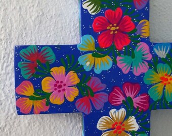 Mexican wood Cross, Mexican sacred heart cross, Mexican Milagro cross, Mexican flower Wall Art Cross, Mexican Flower Cross, Mexican Cross