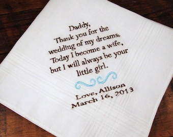 Personalized Father of the Bride Handkerchief, Thank You For The Wedding Of My Dreams Wedding Day Keepsake - Thread Born Memories