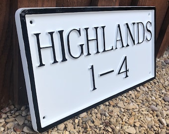 Personalised House Name Sign 14" x 8" - Custom Hand Crafted Solid Cast Aluminium Black White Metal Traditional Address Number Plaque UK MADE