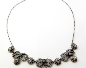 Antique Georgian Victorian Sterling Silver & Foil Backed Paste Daisy Festoon Necklace
