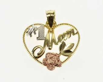 14k #1 Number One Mom Mother Word Heart Flower Pendant Gold