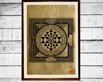 Sri Yantra print, sacred geometry print,tantric poster, mystic print, occult antique tantra print aged paper