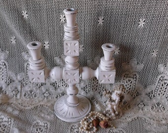 Carved wood Three arm, Candleabra, shabby and chic, white, painted vintage