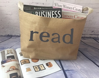 book basket/ burlap storage basket/magazine bin/ newspaper basket/ storage bin/ organization/booknook/book lover gift