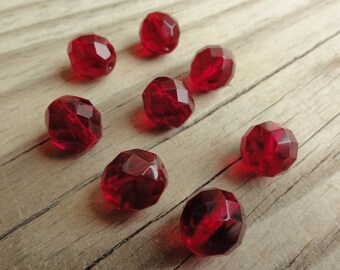 Garnet Red Faceted Firepolished Czech Glass 12mm Beads Round - Qty 8