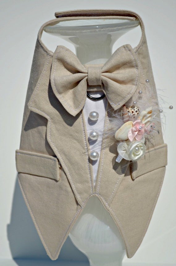 Dog Tuxedo Tan Linen Boy Dog Harness Beach Wedding