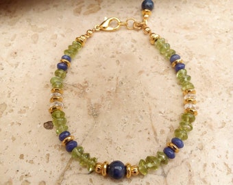 Genuine Sodalite, peridot and rock crystal bracelet.