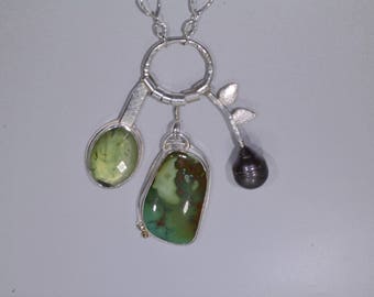 Royston Turquoise Cluster Necklace in Silver, Green Stone Handmade Necklace, Long Multi stone Necklace, Prehnite, Turquoise and Pearl Neck