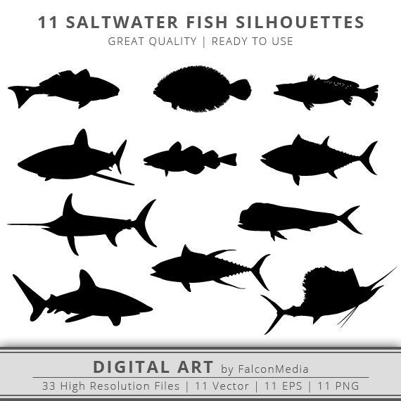 Download 11 Saltwater Fish Silhouettes Clip Art Cut Files Instant