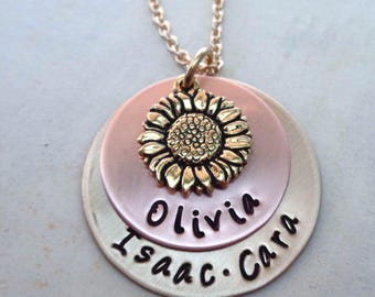 Sunflower Necklace -You are My Sunshine Sunflower Necklace -Personalized Names -Custom Names Necklace - Valentines -Rustic Jewelry-S73