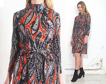 70s paisley boho belted midi dress m