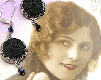 Antique LACY BUTTON earrings, Victorian clovers in black glass on silver. 2.25" Present, gift.