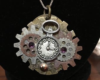 Watch (Pocket) “Powered” by Gears and Swarovski Amethyst Steampunk Inspired