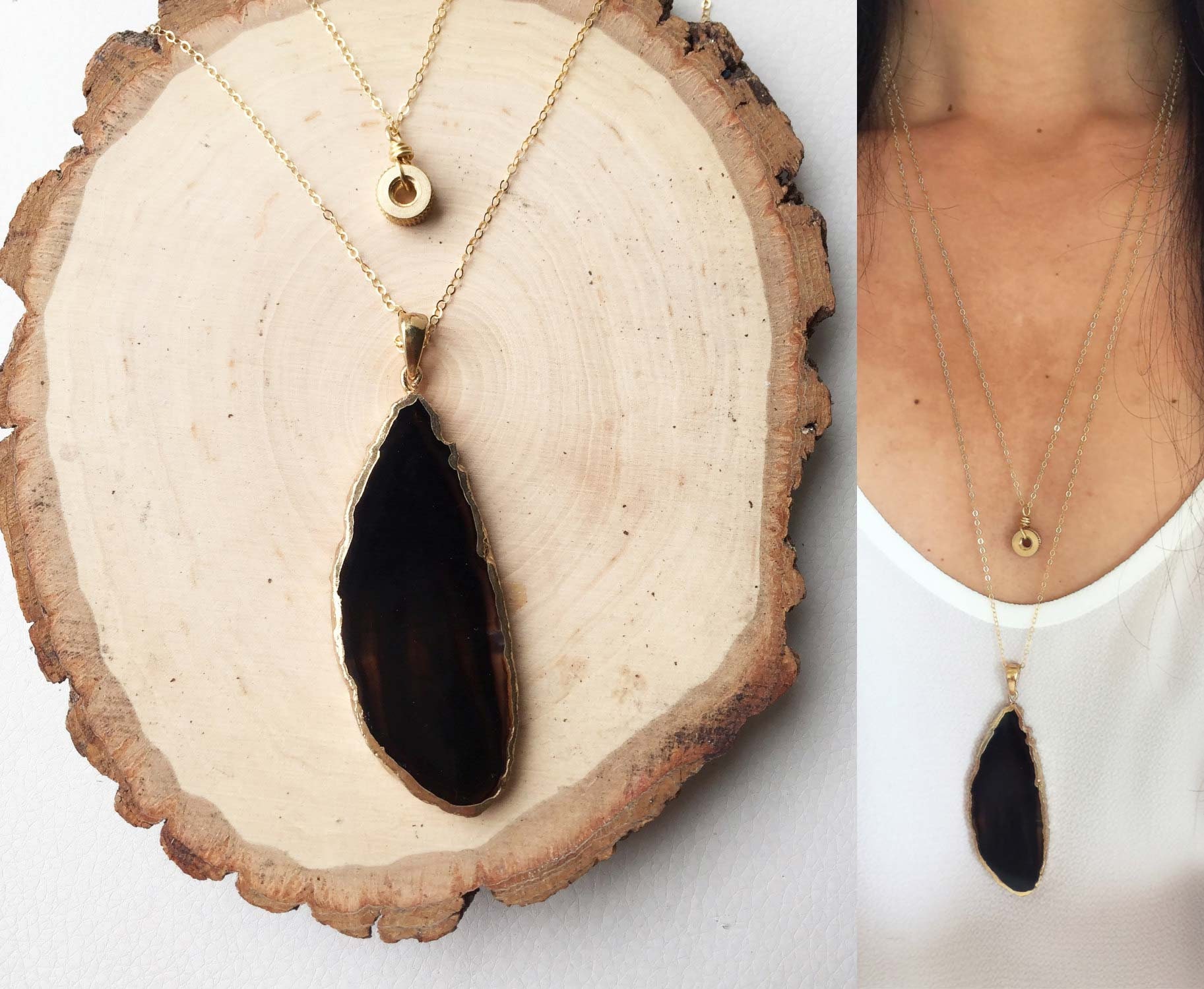 Bohemian Gold Layered Necklace Plate Pendant w Black Gemstone