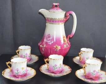 LIMOGES Porcelain CHOCOLATE Set Guerin Co. Hand Painted Roses
