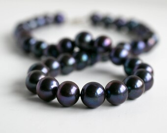 Blue-black freshwater pearls, hand-knotted large strand, June birthstone
