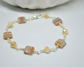 Cream Bracelet, Silver Bracelet, Wire Wrapped Bracelet, Beaded Bracelet, Link Bracelet