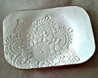 Ceramic OFF WHITE Lace Trinket Dish Soap dish jewelry dish sponge holder gold edged