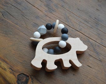 Bear Teether / Wooden Teether / Silicone Beads / Natural Teether / Baby Teether / Baby Shower Gift / Newborn Gift / Infant Toy / Wood Rattle