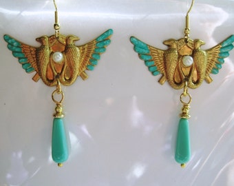 Egyptian earrings Revival Art Deco vintage retro 1920s 1930s style statement earrings turquoise gold filled hooks