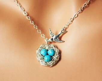 Robin Nest Necklace - Sterling Silver Bird Nest of Three (3) Necklace w/ Mama Bird - Mother-To-Be of Triplets / Mother's Day Gift