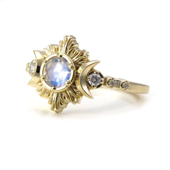 Moonstone Engagement Ring - Diamond Celestial Moon Phase Moon Ring