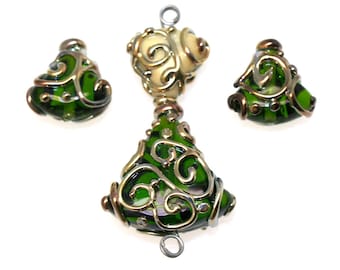 Lampwork glass beads 4 skirt green and ivory unique Lampwork beads SRA Made to order, jewelry supplies, handmade lampwork, beads