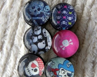 pirate love ain't just for boys anymore. glass bubble magnets. set of six.