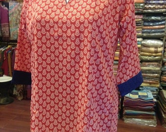 Women's Printide Cotton Tunic Blouse with 3/4 Length Sleeves
