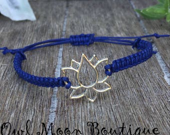 Macrame Bracelet Lotus Flower-Cobalt Blue, Silver