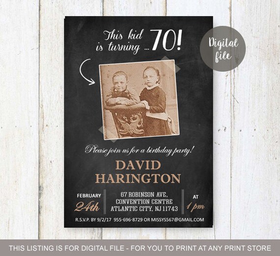 70th Birthday Invitation for men Chalkboard Photo collage